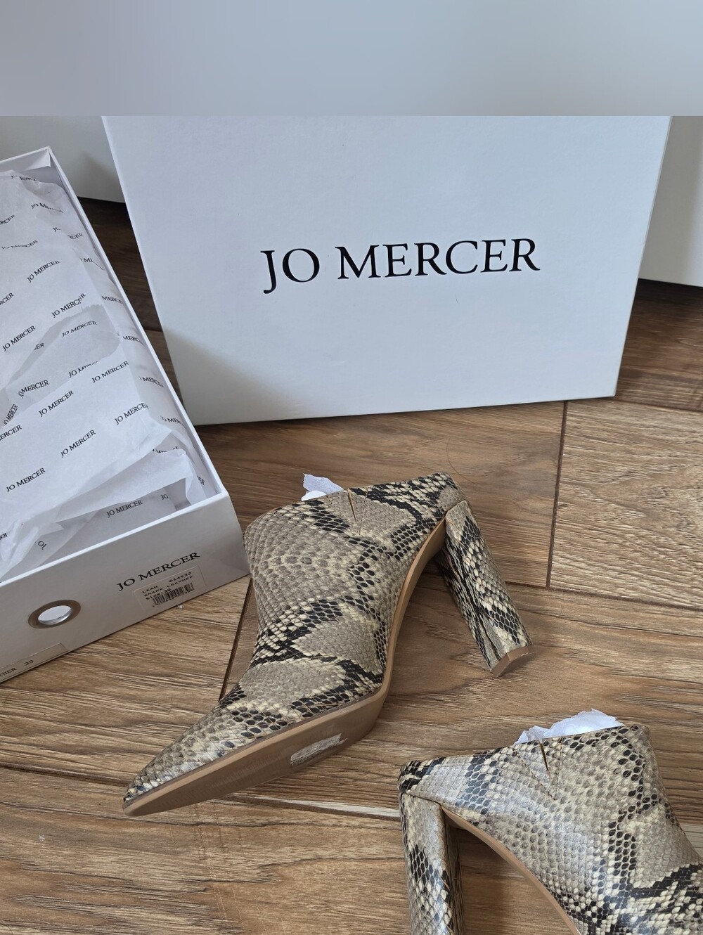 JO MERCER Leather Mule Heels, Snake Animal Print LEAH Shoes Tan Brown - Picture 5 of 11